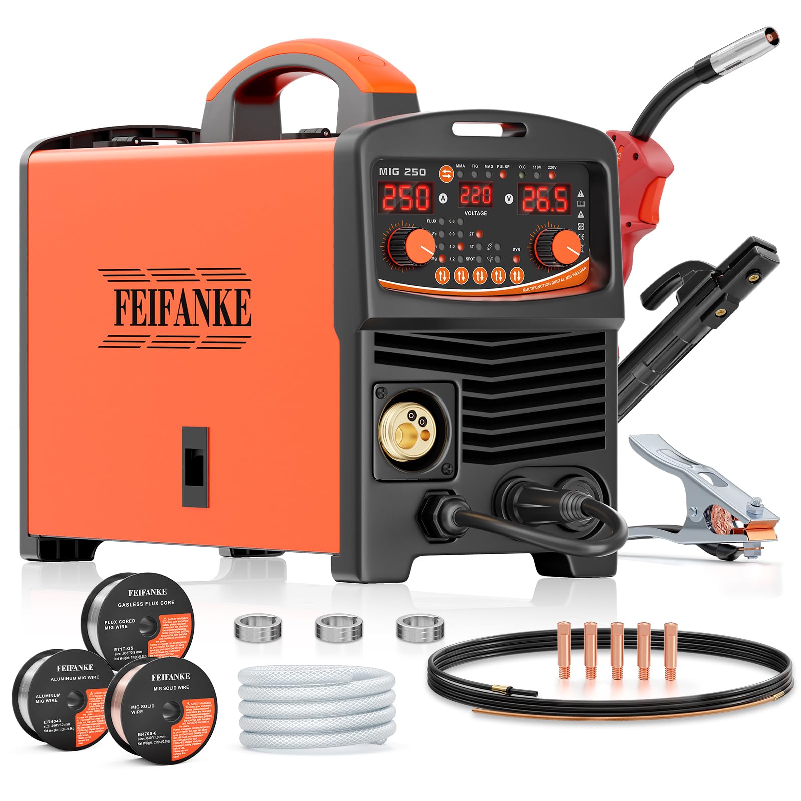 FEIFANKE Gas Free Wire Welding Machine 250A 230V 6 in 1 Gas Free MIG/Gas MIG/MMA/LIFT TIG/Welding Points/Monopulse MIG IGBT Inverter Welder with Fast Wire Feed Gas Test