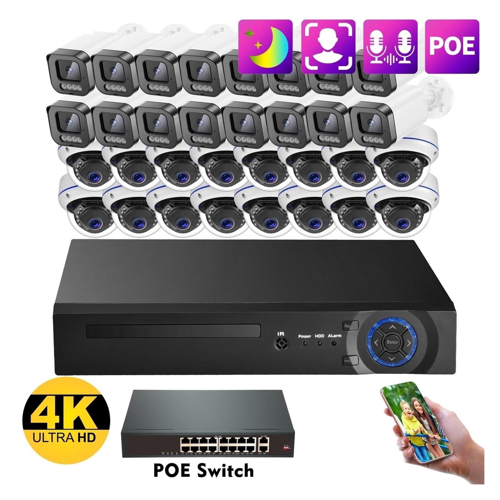 Zestaw Do Monitoringu Wideo 4K Ultra HD 8MP Z Detekcją Twarzy POE NVR, Zewnętrzny, Dwukierunkowy Dźwięk, 4MP CCTV, Domowy System Wykrywanie Ruchu(None,16pcs 8MP Cameras)