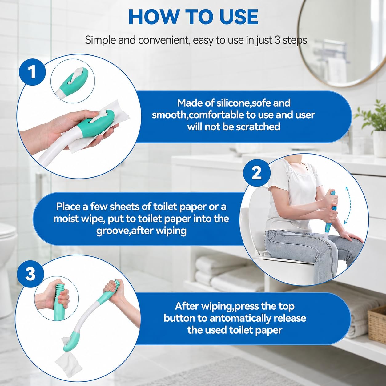 Toilettenhilfe Set 3-teilig – Po Abwischhilfe mit Langem Griff, Rücken- & Badebürste sowie Ergonomische Haarbürste, für Senioren, Schwangere, Übergewichtige & Menschen mit Einschränkungen