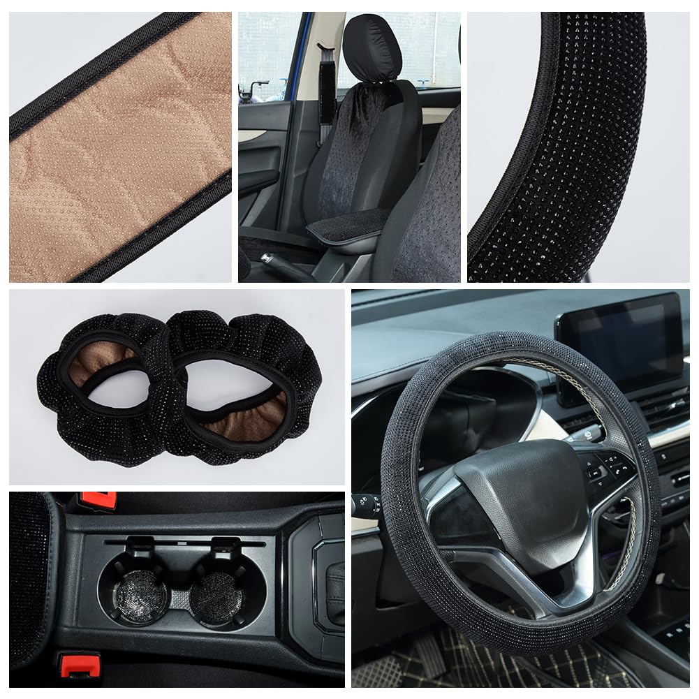 Set 15 Pezzi Accessori Auto Bling Donna - Coprisedili Velluto Traspirante - Coprivolante Cristallo - Dettagli Diamante Nero - Kit Interni Universale - Diamante Nero, Volante 38cm