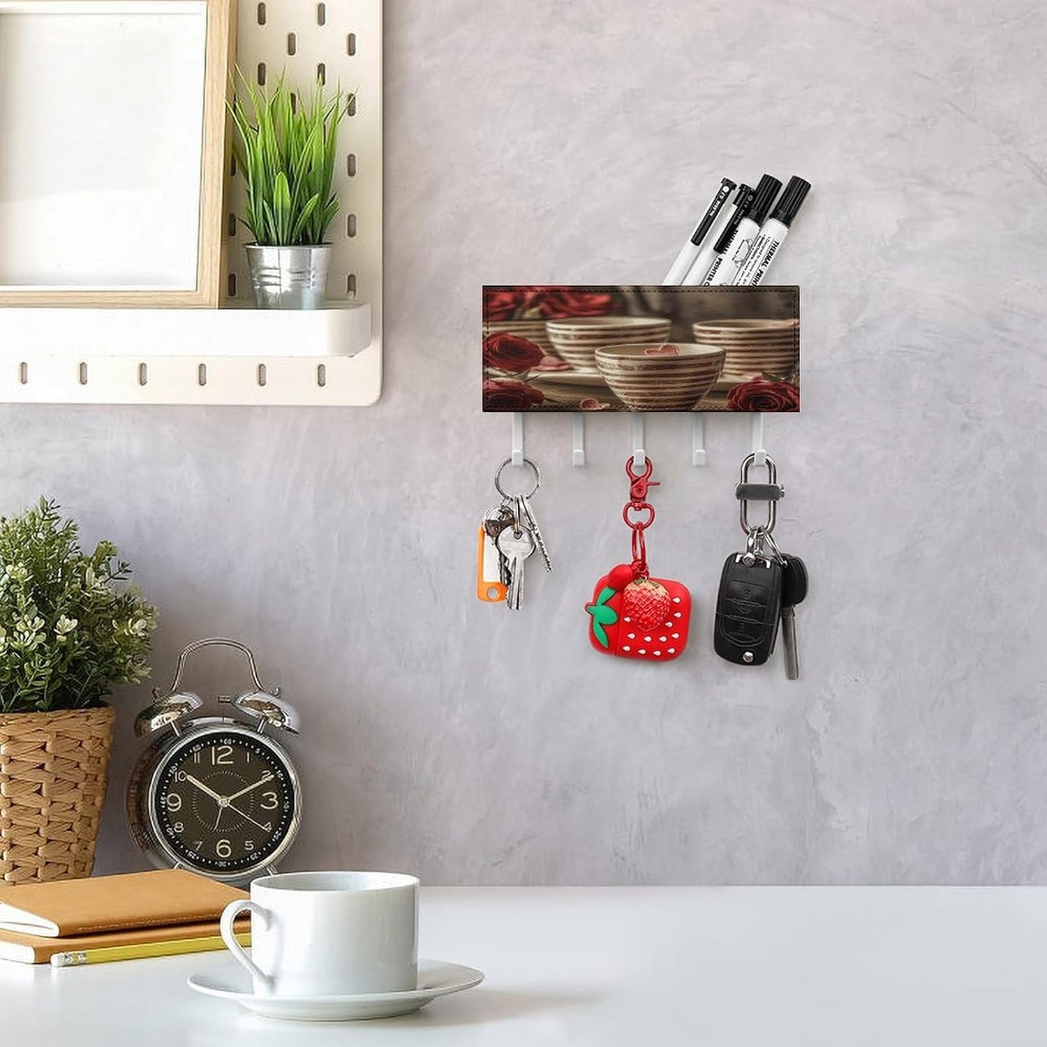 Key Holder Wall Mount Key Hanger with 5 Hooks, Decorative Key Rack | Cup on Table Hanging Key Hooks with Mail Organizer for Wall Living Room Kitchen Bathroom Hallway