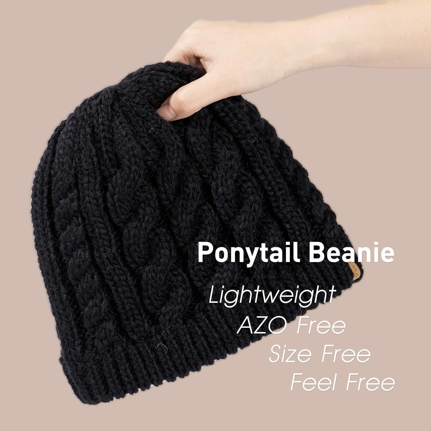 ChicPony™ Merino Wool Blend Messy Bun Ponytail Hole Fleece Lined Beanie Winter Hat Big Head Women - Image 4