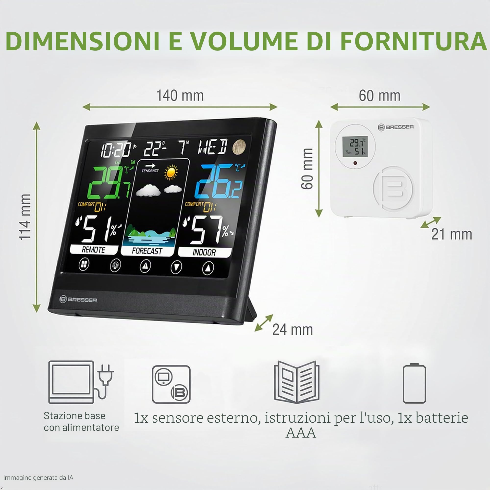 Bresser MeteoTemp BF Stazione meteo radio con display touch, sensore esterno radio, pressione dell'aria, previsioni meteo, indicatore di temperatura ambiente, umidità e ricezione del segnale orario