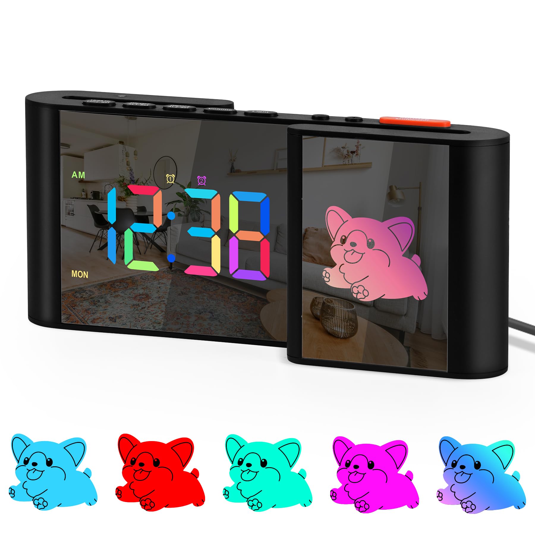 Alarm Clock Alarm Clocks Bedside with Cute Cartoon 7 2Large Mirror Clock 11 Colors Digital 10 Color RGB