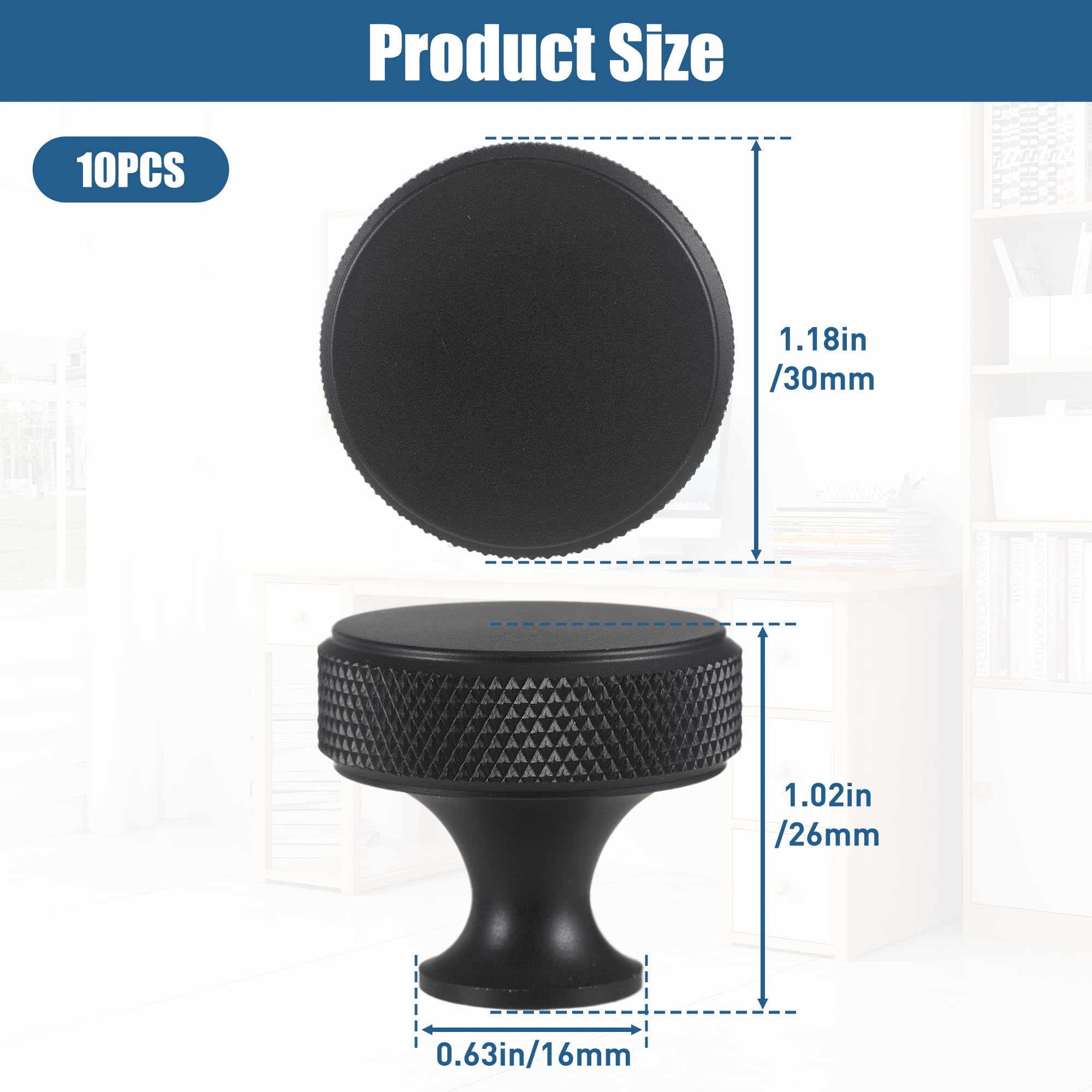 10 Pack Black Cabinet Knobs Drawer Cupboard Kitchen Knobs Round Solid Knurled Cupboard Handles with 30 Screws for Cabinet Furniture Dresser Wardrobe Pulls (Black) - Image 2