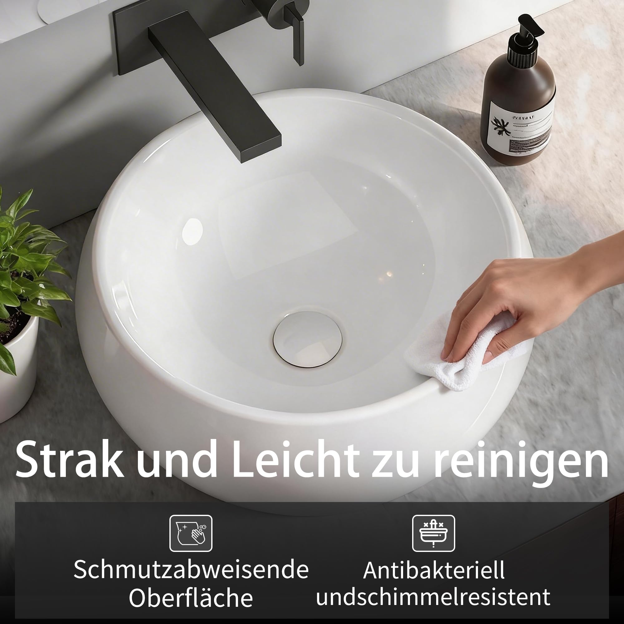 NUESTRA VIDA Lavabo de Cerámica para Baño, Lavabo Sobre Encimera Lavamanos Redondo de Baño 40 × 40 ×15,5cm, Ideal para Poner Sobre Encimera de Muebles de Baños y Aseos