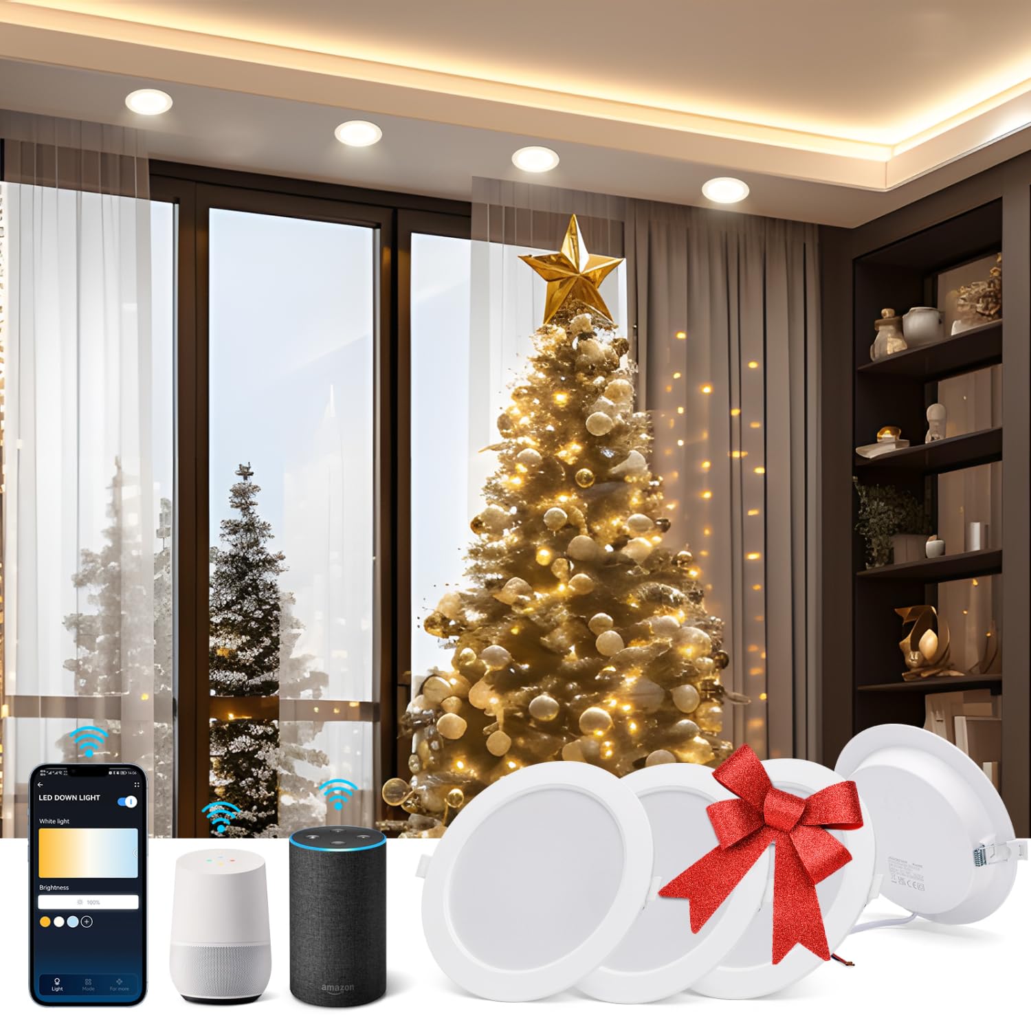 Aigostar 15 W inteligente Downlight LED, 4 Pack Luces para Alexa de 1430 LM Wi-Fi, Focos LED empotrada compatible con Alexa y Google Home, Regulable de luz cálida a blanca 3000-6500K, Φ145-155 mm