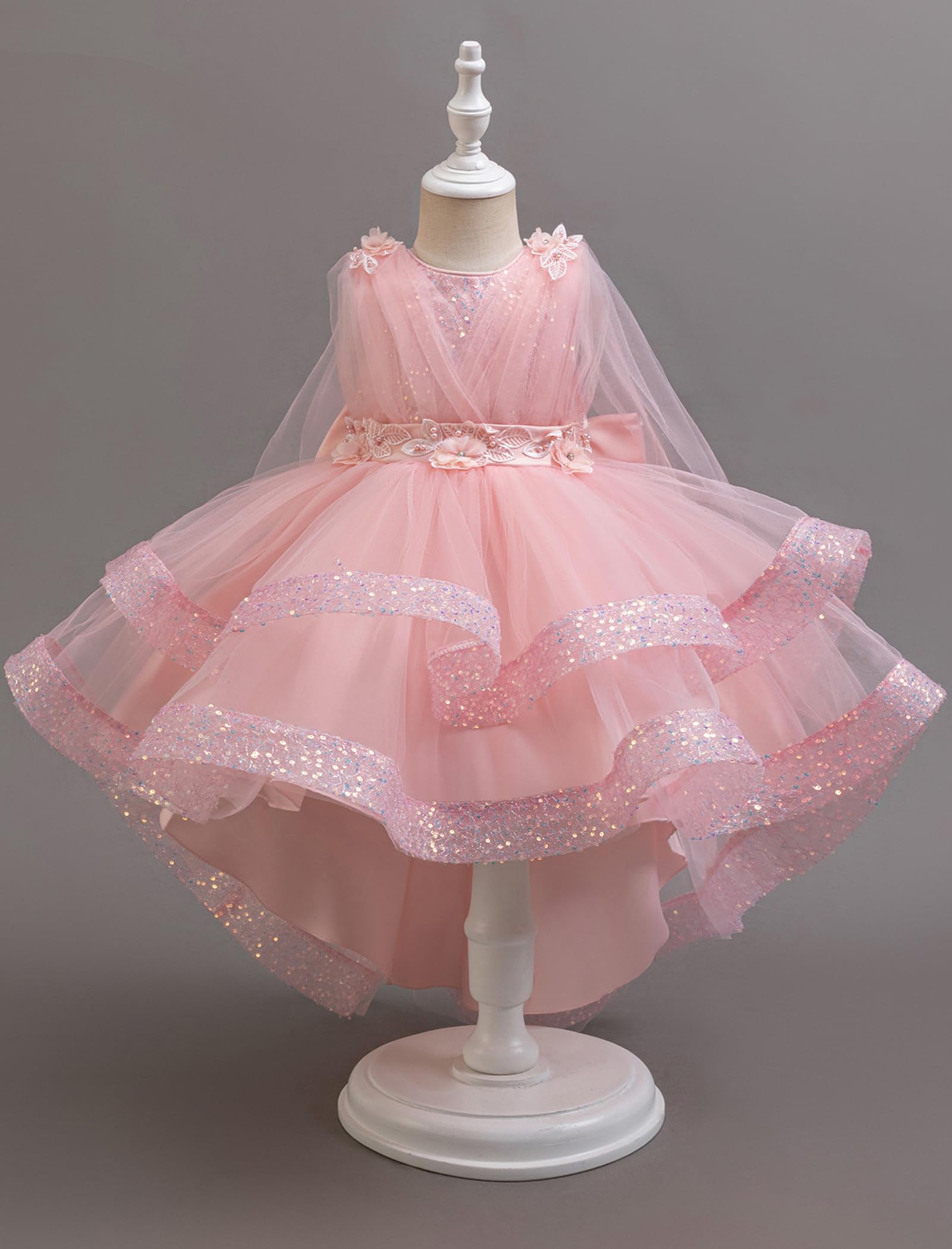 IBAKOM Abito da ragazza floreale elegante: abito estivo senza maniche in tulle, con paillette, abito da principessa per matrimonio, compleanno, festa