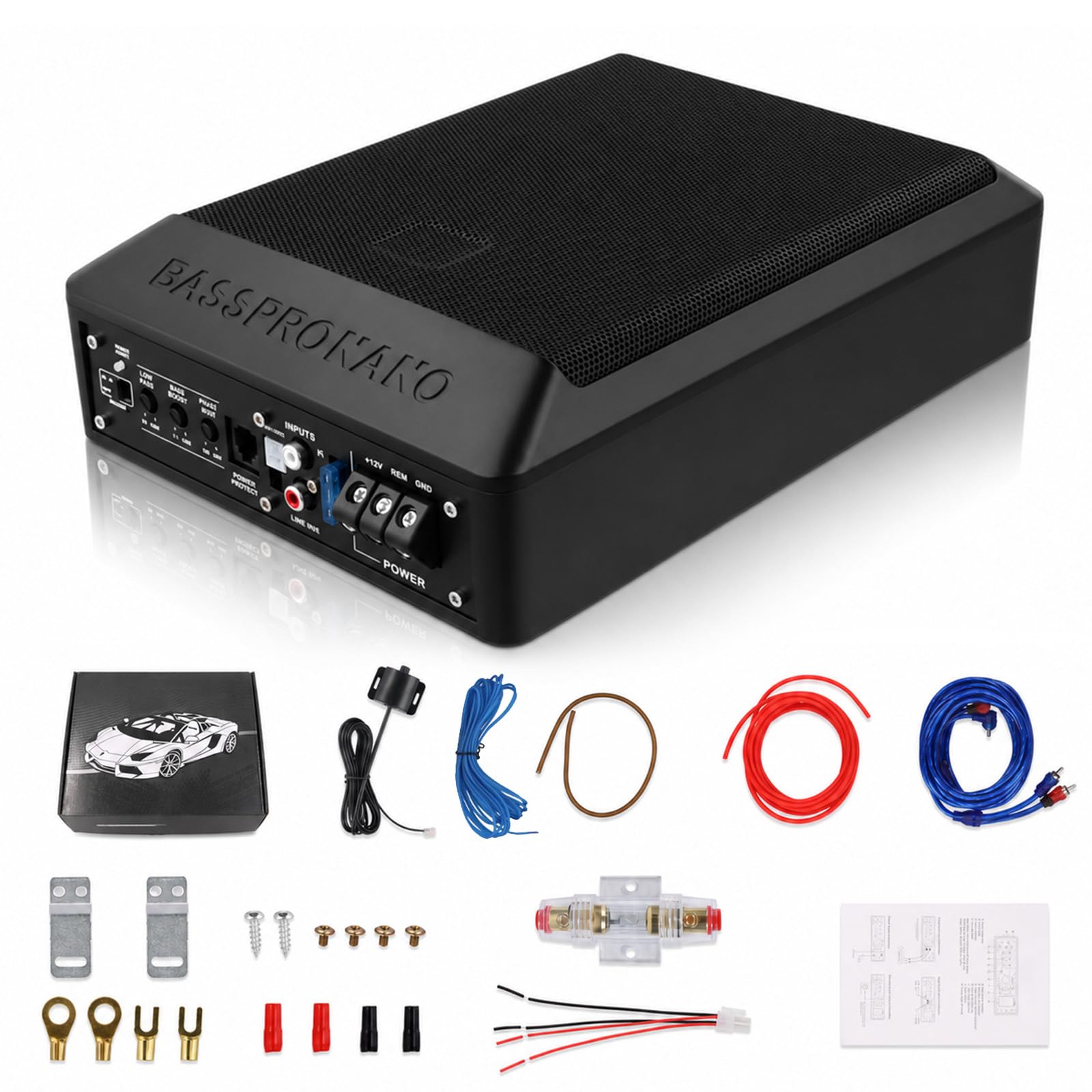 SIXWIN Subwoofer Attivo 1000W – Subwoofer Auto Piatto da 8 Pollici con Kit di Collegamento Amplificatore, 20–200 Hz, 2,8 Ω, 12V, Subwoofer Compatto per Bassi Profondi
