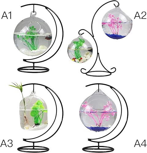 Miniatura 3 de Simple pecera colgante de escritorio, pecera creativa de vidrio transparente con soporte de metal, acuario de peces pequeño para decoración del