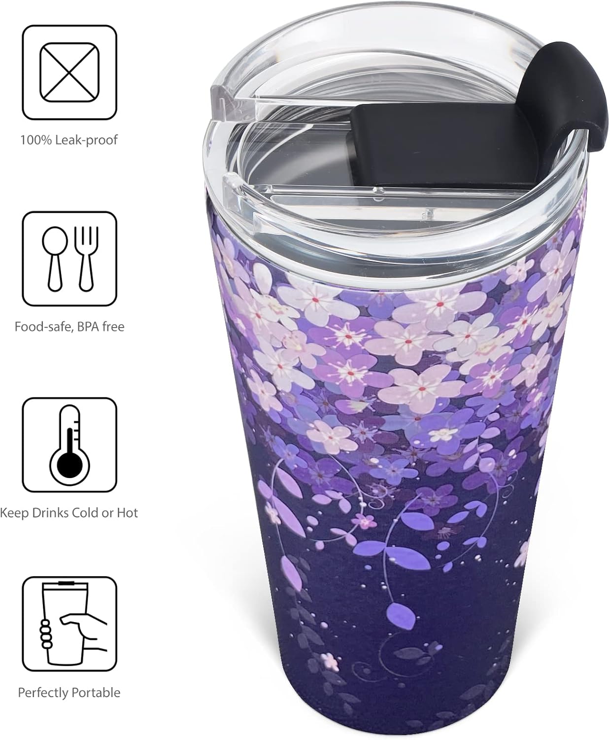 24oz Portable Vacuum Insulated Stainless Steel Tumbler with Leak-proof Lid and Straws, Beverage Tumbler Cup, Floral Designed Travel Coffee Mug, Purple blossoms - Image 4