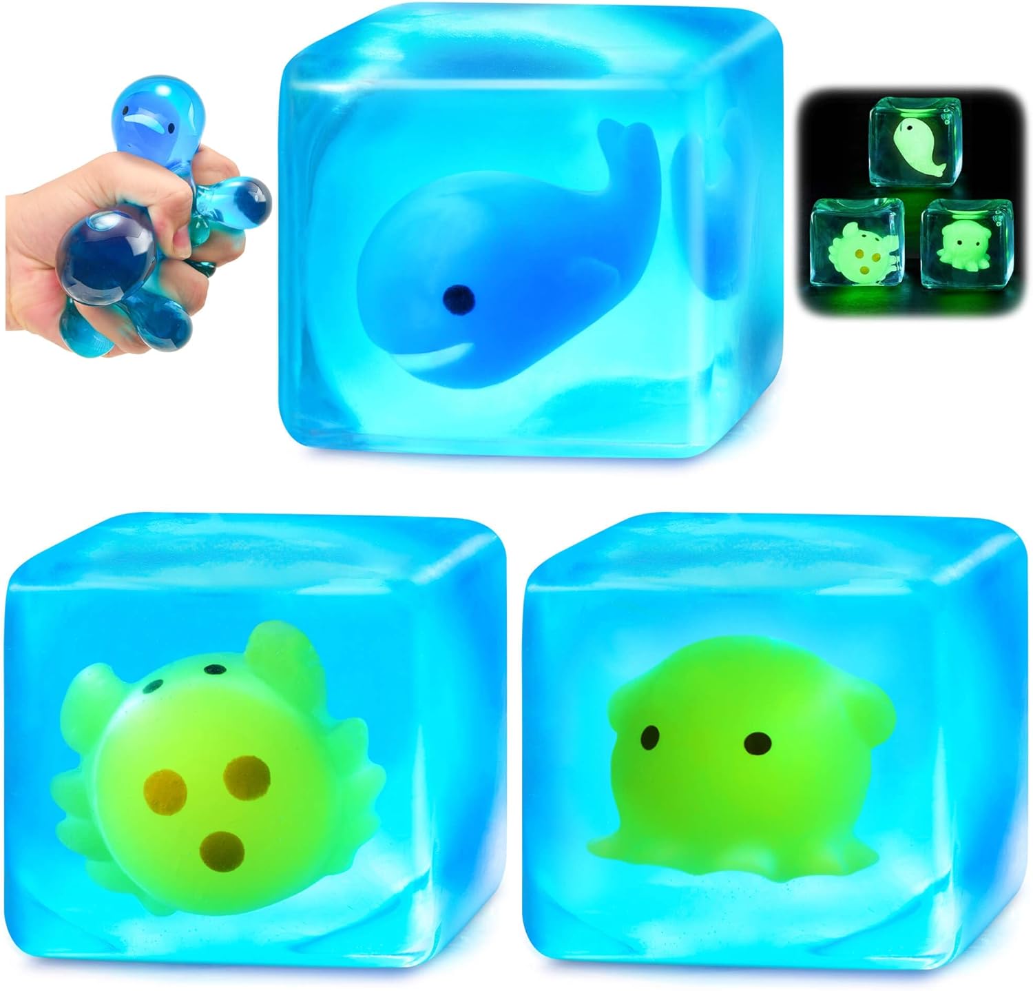 Squishy Stress Cube Fidget Toys Adults – Glow in The Dark Sensory Toys for Kids with Autism Stress Balls for Kids Teens Squeeze Toys for Anxiety Stocking Stuffers for Grandkids