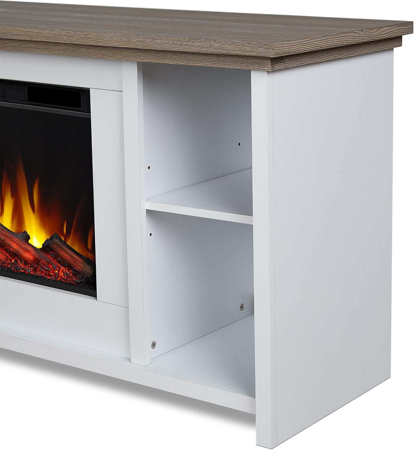 Real Flame Tramore 62" Slim Electric Fireplace TV Stand for TVs up to 60 inches, Entertainment Center with Adjustable Shelves and Storage, TV Stand for Living Room and Bedroom, Remote Control, White