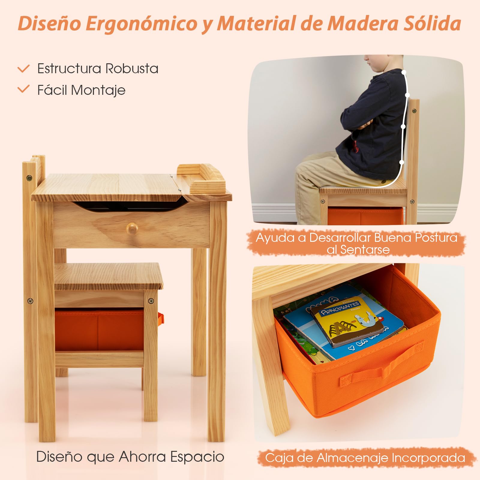 COSTWAY Juego de Mesa y Silla para Niños, Escritorio Infantil con Silla y Tablero Abatible, Juego de Mesa de Actividades de Madera Maciza, Bisagra de Seguridad, Cajón Extraíble (Natural)