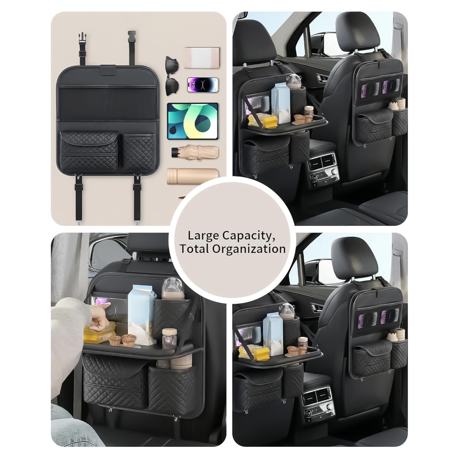 Organizer per sedile posteriore per auto, anti-fuoriuscite, con porta | Organizer posteriore con portabicchieri per telefono, bevande, viaggi su strada, vacanze in famiglia e pendolari