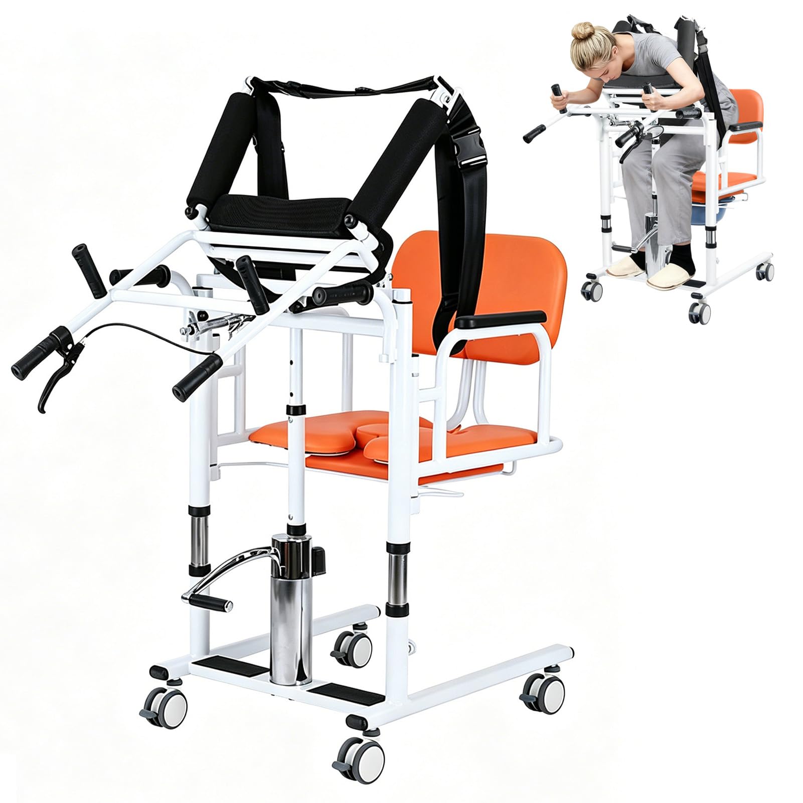 SULQING Portable Hydraulic Patient Lift Wheelchair, Hydraulic Patient Lift Transfer Chair 4-in-1 Adjustable Lifting Mobility Aid for Elderly, with Split Seat, Potty & 440lbs Capacity for Home