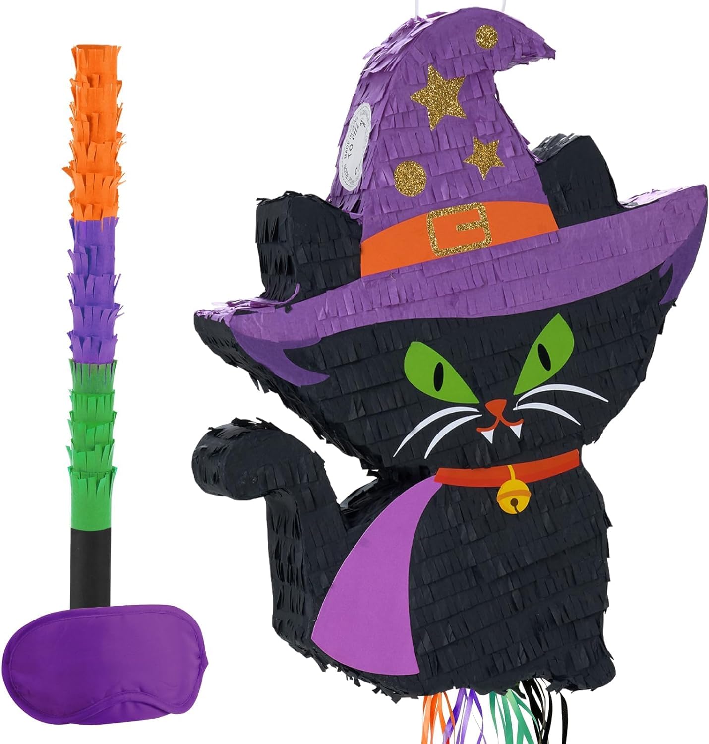 WERNNSAI Halloween Cat Piñata - Halloween Party Decorations Black Cat Piñata Witch Hat for Kids Hallows Eve Birthday Theme Party Games Supplieswith Stick & Blindfold