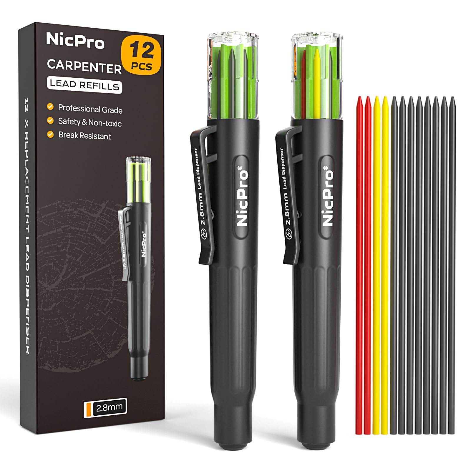 Nicpro Carpenter Pencil Lead Refills 2.8mm, 12 Pieces Black, Red, Yellow