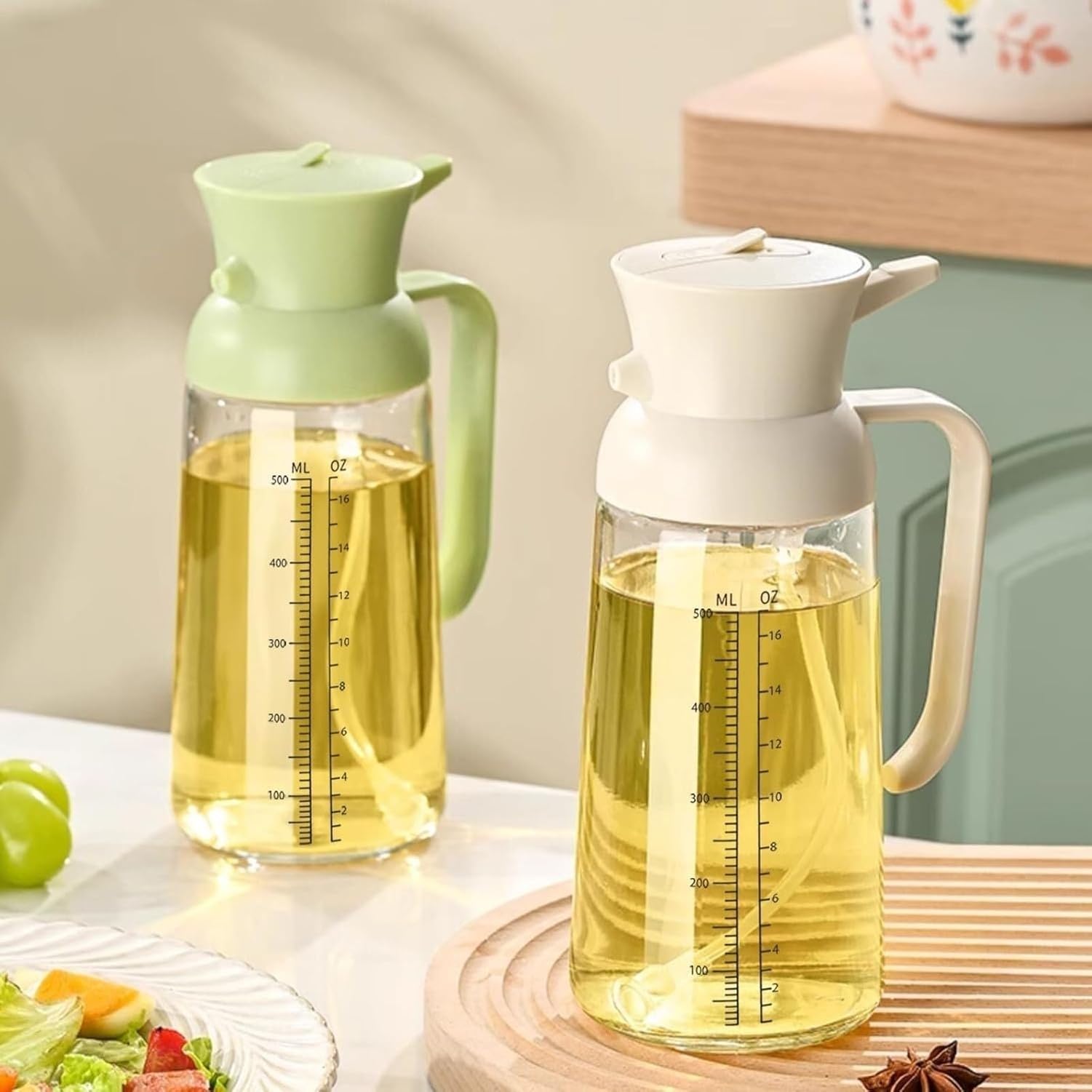 Mehrzweck Ölflasche mit Sprühkopf für Küche, wiederbefüllbarer Olivenölspender für Grill und Salat, geeignet für Heißluftfritteusen und Braten, GRÜN, 550ml