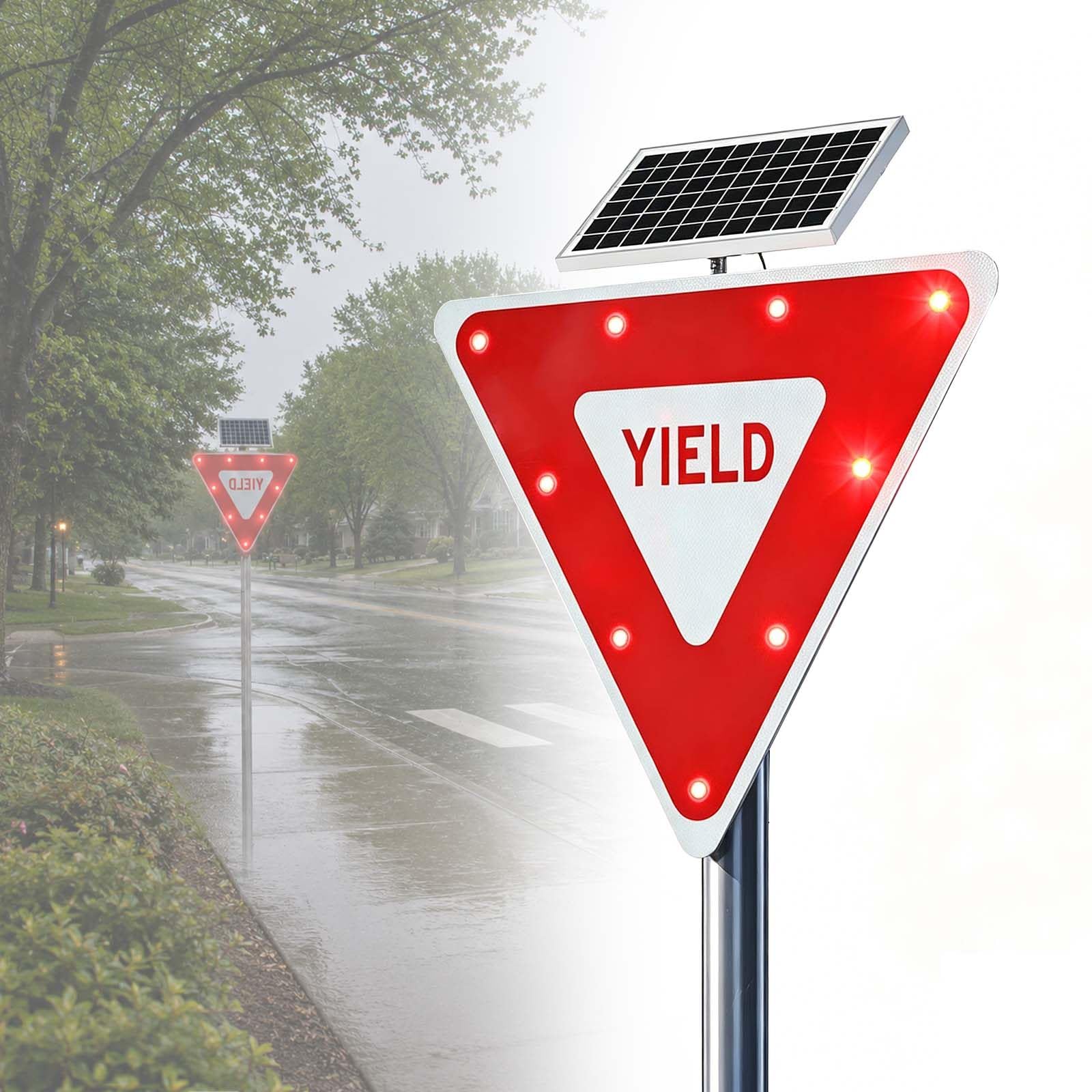 QFGain Solar Flashing YIELD Sign, Ultra Bright 6000mcd LED Aluminum Pedestrian Sign, IP65 Waterproof Rustproof for Crosswalk, School Zone, Driveway Entrance