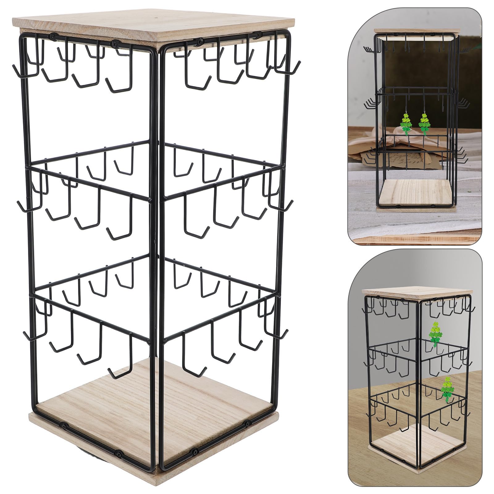 SHINEOFI Espositore per Orecchini in Legno Naturale 360° Girevole con Ganci Porta Gioielli Multiuso Compatto per Casa e Negozio