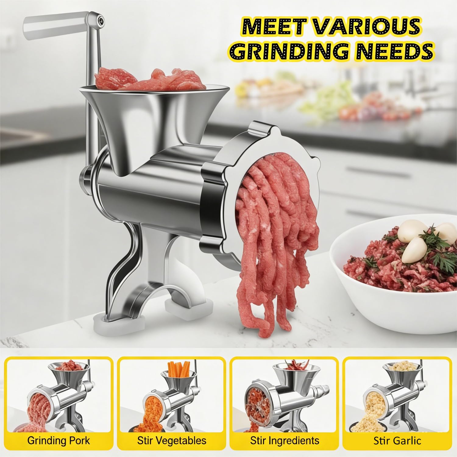 Molinillo manual multifuncional de acero inoxidable con manivela – Picadora de carne de alta resistencia, embutidora de salchichas, picadora de verduras y mezclador | Fácil de limpiar, piezas