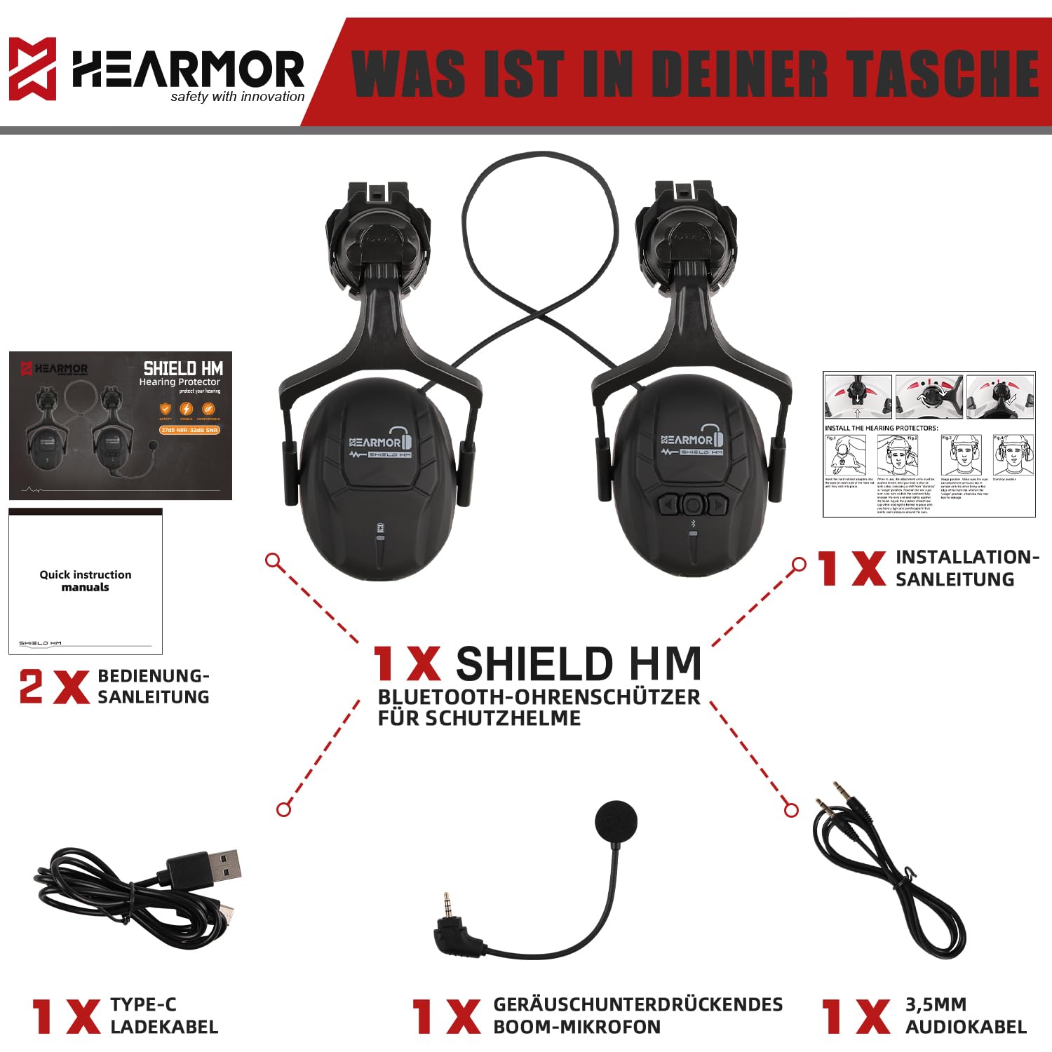 HEARMOR Bluetooth Hartschalen-Gehörschutz, SNR 32dB Lärmschutz, am Helm befestigter Gehörschutz für Mäharbeiten und lärmintensive Arbeiten