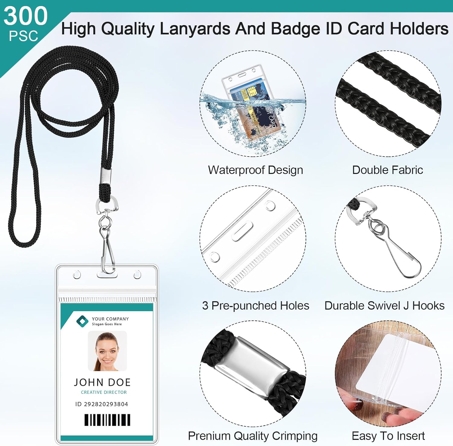 Marspark 300 Pack Lanyard with ID Holder Bulk, 300 Pcs Lanyards for ID Badges and 300 Pcs Clear Plastic Name Badge Card Holders, Waterproof Resealable Name Tag with Clip for Office Supplies(Black)