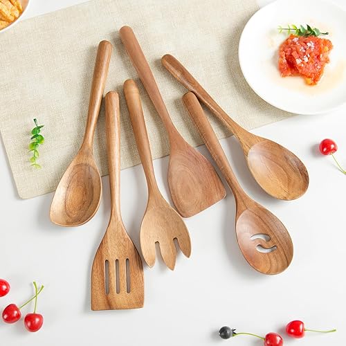 Juego de 6 utensilios de cocina de madera con mango grueso