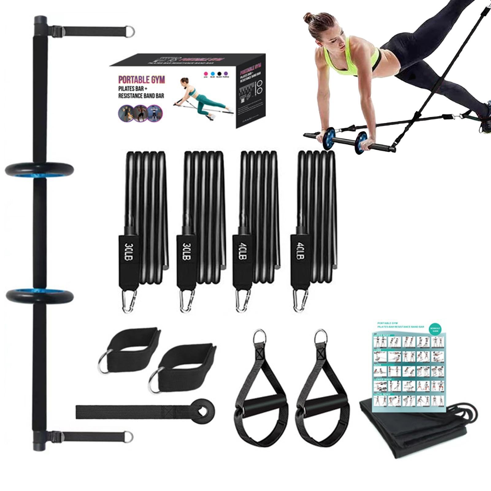 Kit de barra de Pilates con bandas de resistencia,Kit de barra de Pilates para mujer,Barra de entrenamiento en casa con bandas de resistencia - Kit portátil de de ejercicio para Pilates, multifunciona