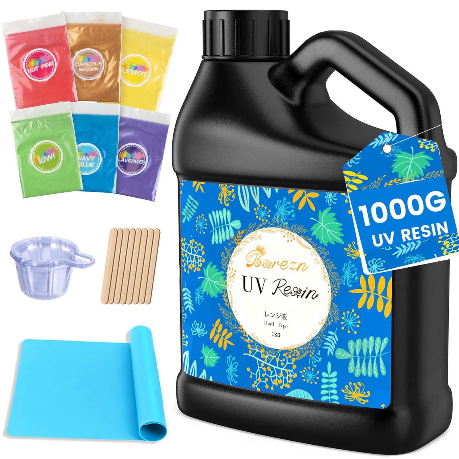 Bsrezn 1000g Résine UV en Vrac, Resine Epoxy UV avec 6 Couleurs de Poudre de Mica, Resine UV pour Bijoux Faible Viscosité & Durcissement Rapide, de Moulage et de Revêtement, de Bricolage