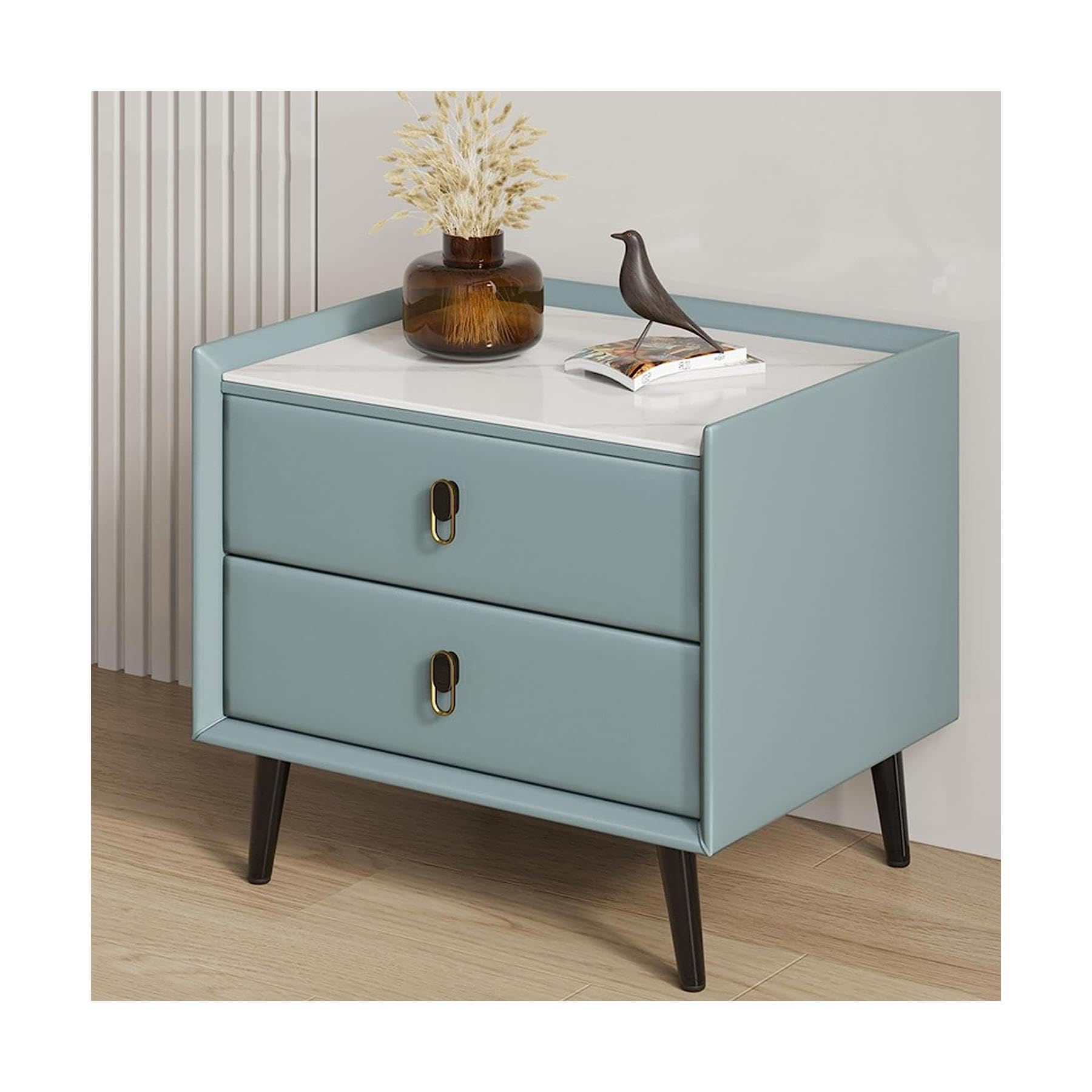 BHGFYXBS Nightstand Nordic Leather End Table Faux Marble Top Bedside Table W/2 Drawer Bedside Dresser Wooden Square Bedside Cabinet,Blue,Blue,Blue