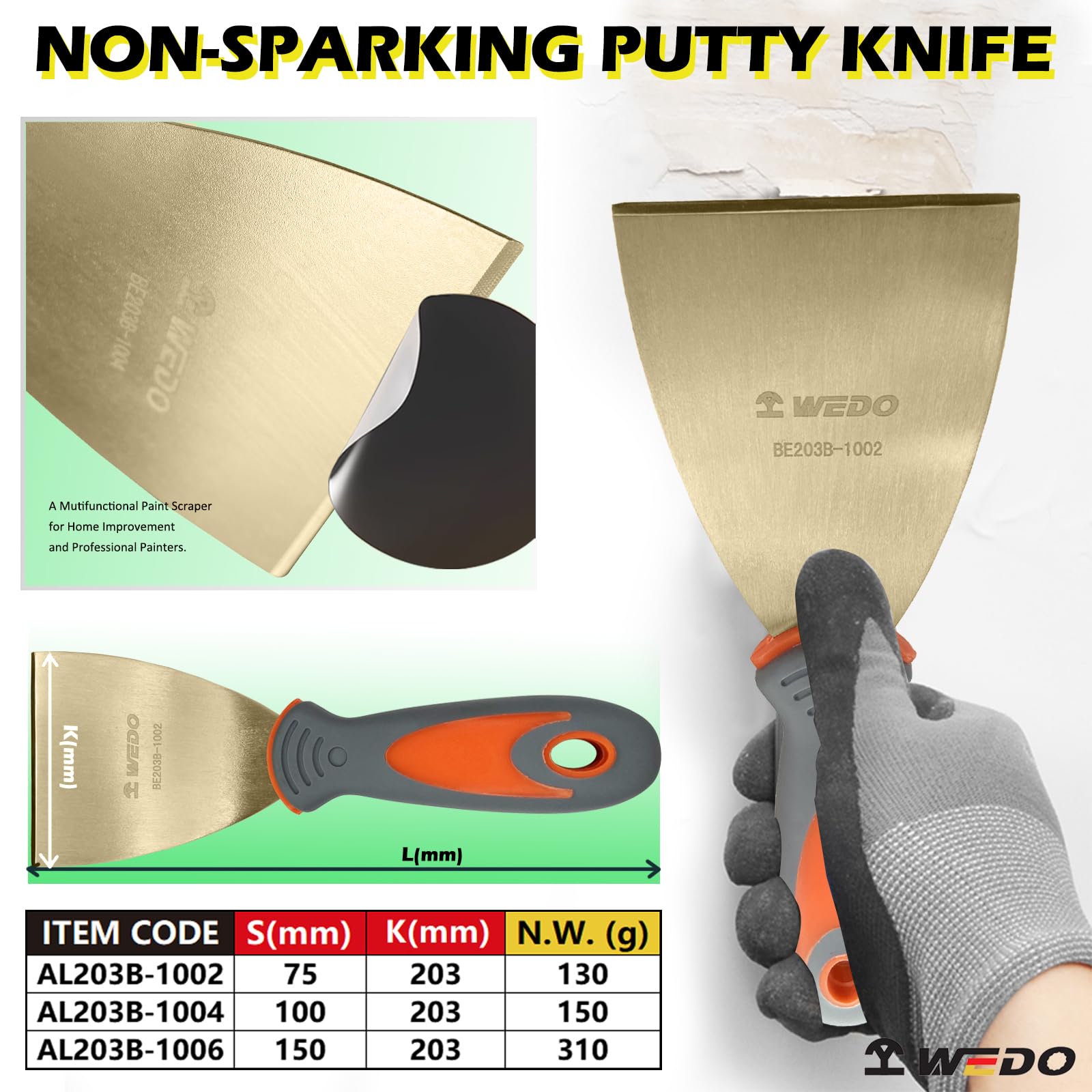 WEDO Spachtel,Nicht funkelnd Malerspachtel mit Fiberglas-Stiel, 150mm breit,aluminium bronze,Schaber Palettenmesser Kratze,Korrosionsschutz,Universalspachtel,BAM/FM-Zertifikat