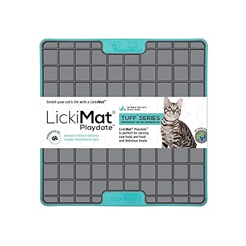 Lickimat Tuff Cat, Heavy-Duty Playdate, Cat Slow Feeder for Feline Boredom & Anxiety Reduction; for Food, Treats, Yogurt, or Peanut Butter. Fun Alternative to a Slow Feed Cat Bowl or Dish, Turquoise
