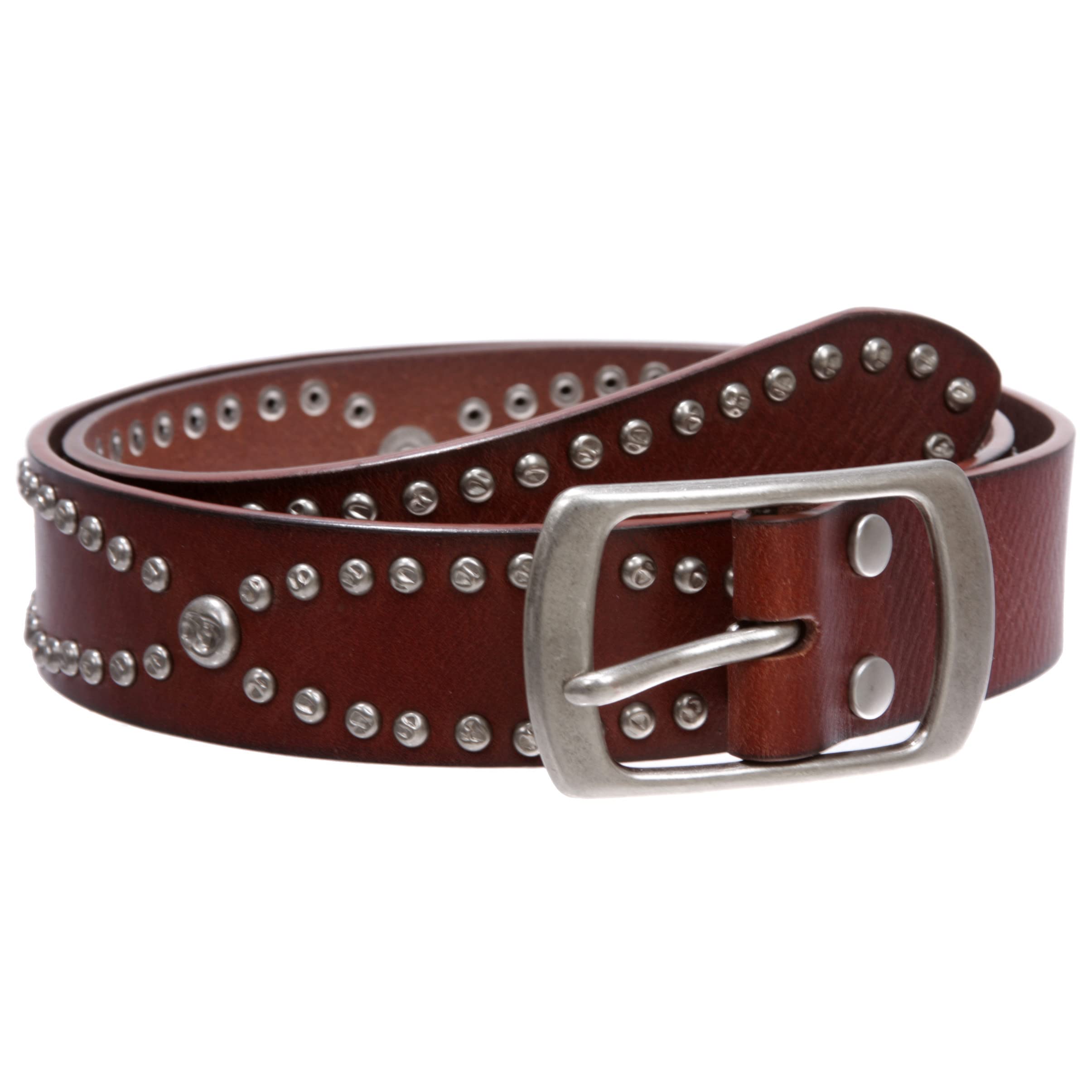 Western Snap on Hammered Rivet Silver Circle Metal Studded Cowhide Leather Belt, Brown | 40