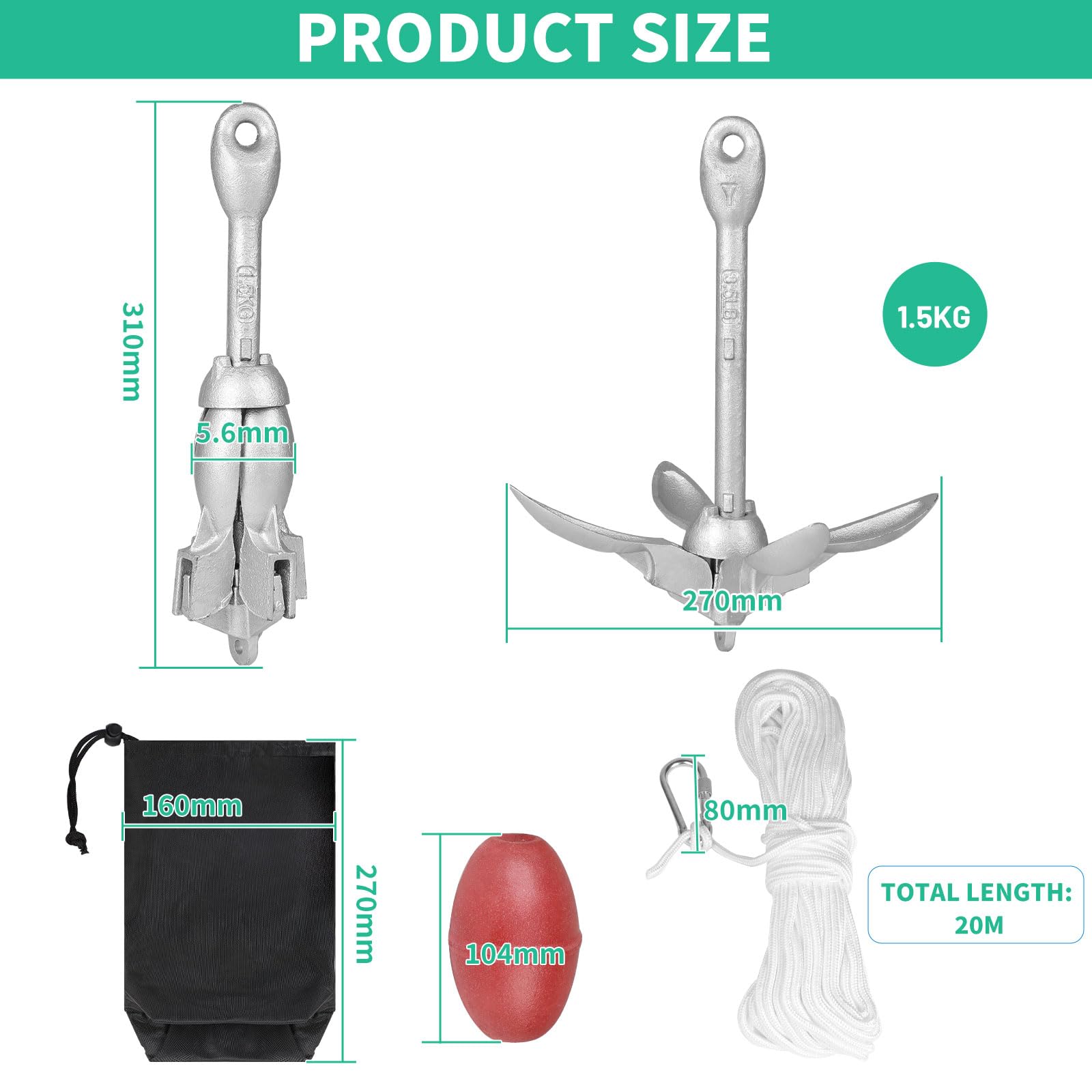 SWAWIS Kotwica do łodzi Kotwica łodziowa 1,5 kg Akcesoria łodziowe Kotwica składana Sup Kotwica z 20M liną kotwiczną, kulistą boją i torbą do przechowywania dla kajaków, kanu i skutera wodnego