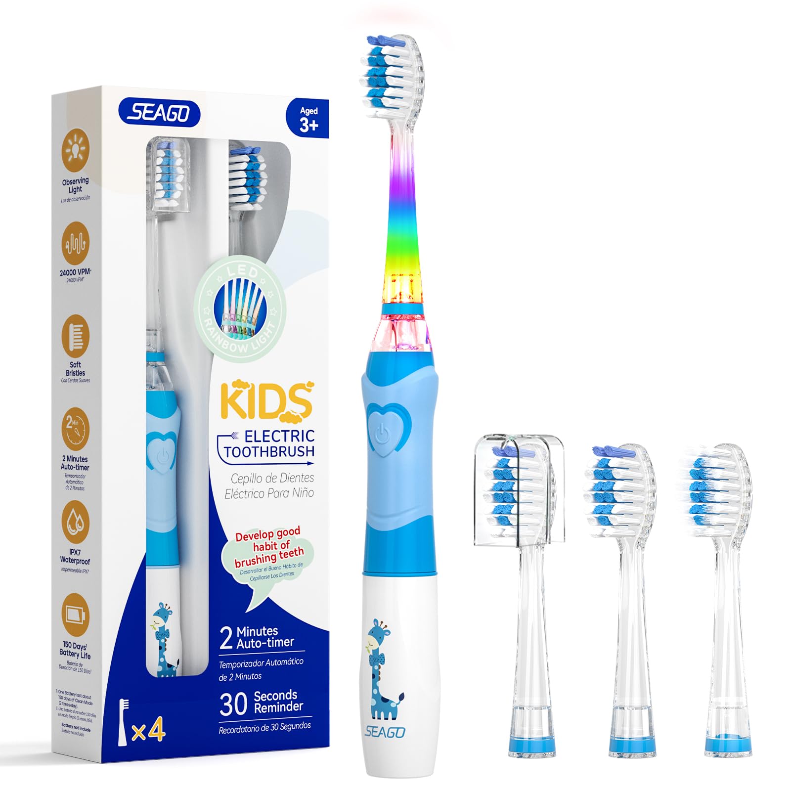 Seago Elektrische Zahnbürste Kinder ab 2, Kinderzahnbürsten mit 4 Extra Weiche Bürstenköpfe und LED Licht, 4 Modi 24000VPM Smart Timer Schallzahnbürste für Kleinkind Mädchen Jungen, SG-977(Hellblau)