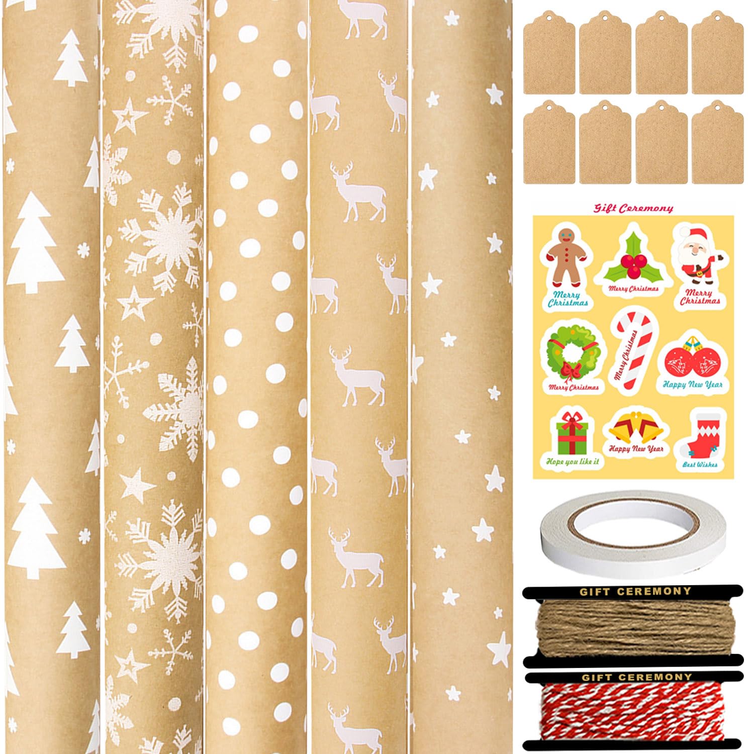 Set Carta Regalo Natalizia 3 Rotoli 43cmx5m, Bianco E Nero, Reversibile Con Fiocchi Di Neve, Etichette E Corda Inclusi