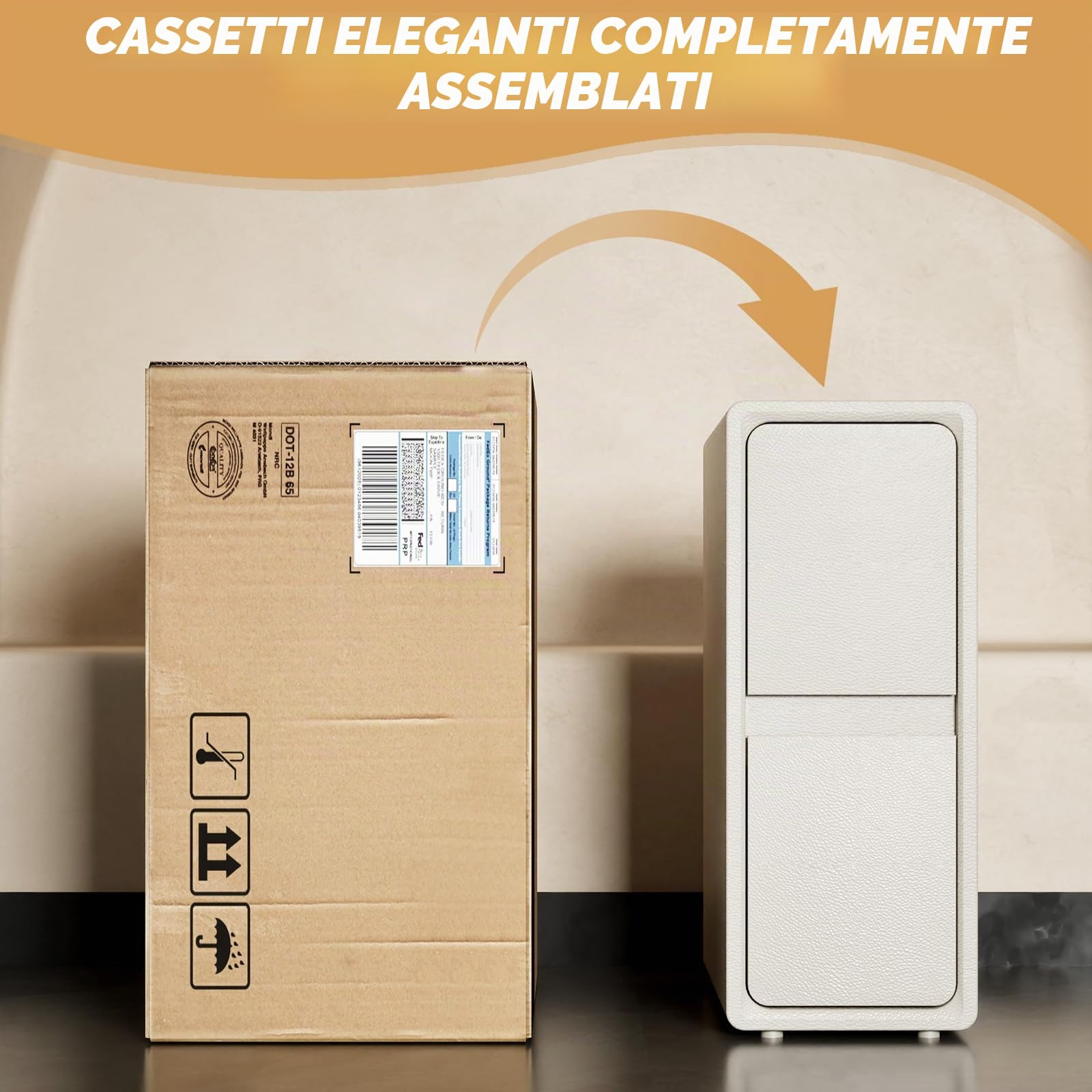 Comodino sottile, sottile, comodino moderno in pelle con 2 cassetti in legno massiccio, piccolo tavolino per camera da letto, soggiorno, 50 x 40 x 25 cm (bianco caldo)