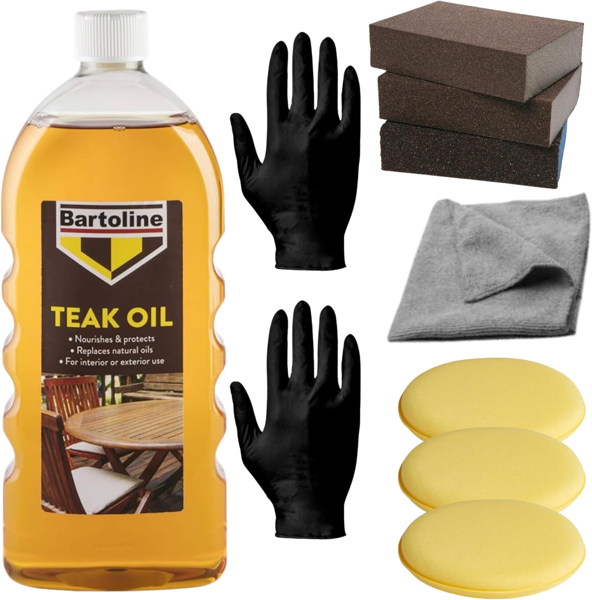 Bartoline Teak Oil Bundle - Teak Oil for Garden Furniture with Applicator Pads, Sanding Blocks, Microfiber Cloth, and Gloves - Perfect Wood Oil and Wood Sealer for Indoor & Outdoor Use