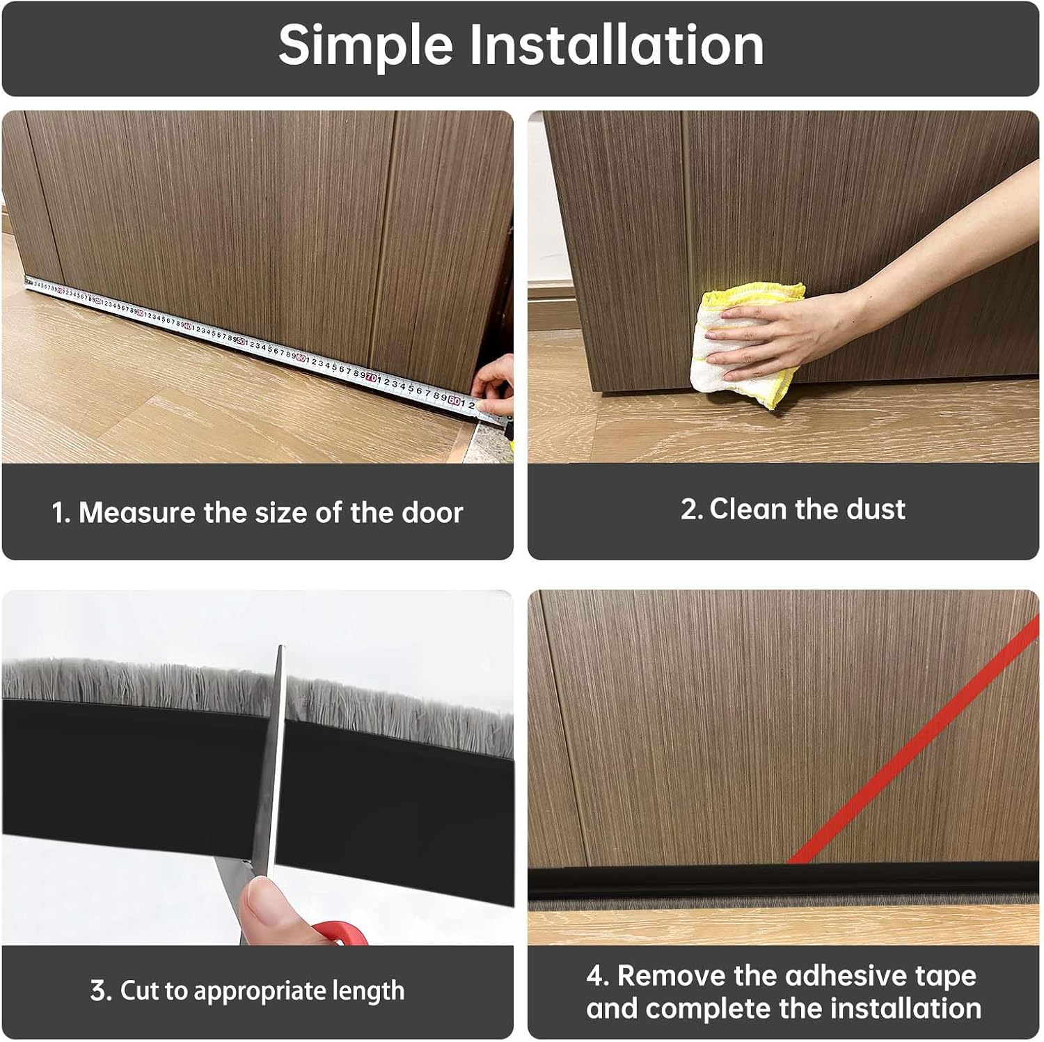 Door Sweep for Bottom of Door, Integrated Bottom Door Draft Stopper with Brush, Self-Adhesive Under Door Seal for Dust/Noise/Hot or Cold Air Insulation, Black 39.37" L/2" W