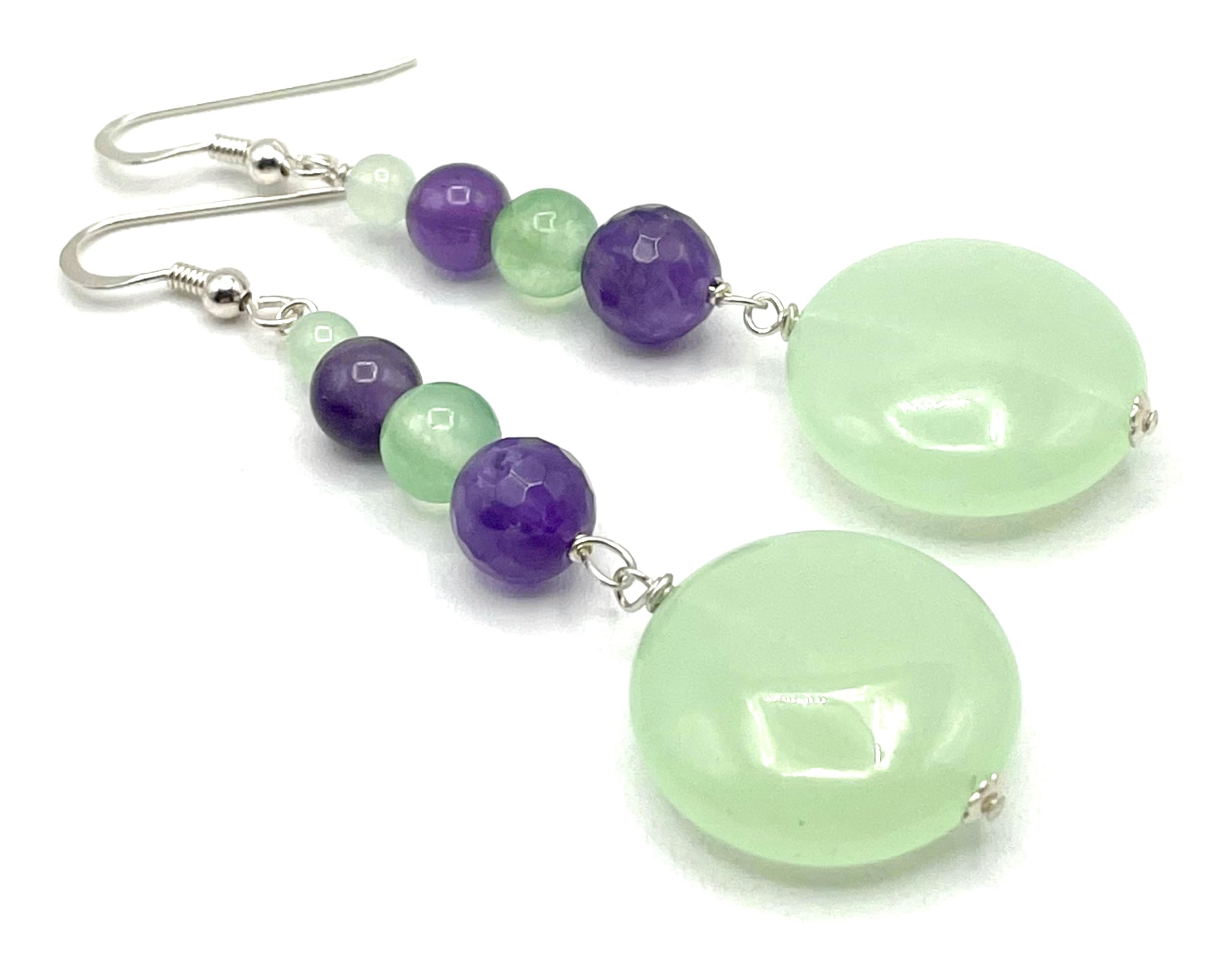 Orecchini Giada Verde e Ametista Viola, Pendenti in Argento 925, Gioielli Pietre Dure, Bijoux Estate, Regalo per Lei