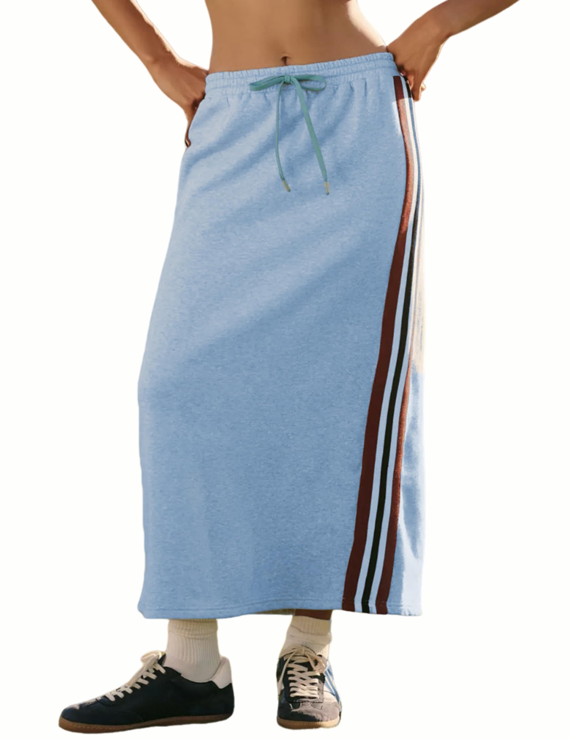 Ailoqing Womens Casual Cotton Midi Skirt Elastic Waist Drawstring Thigh Split Skirts with Pockets