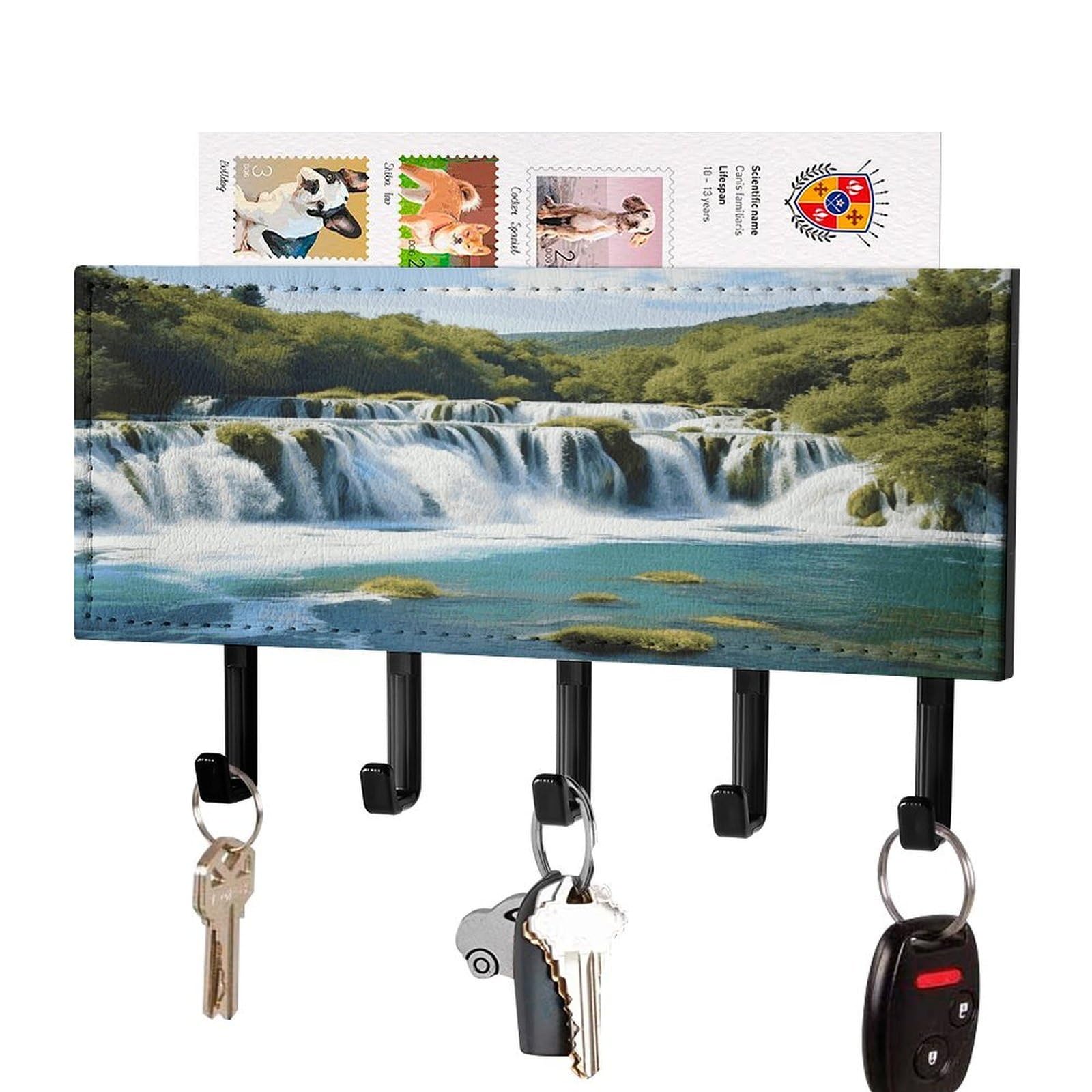 Fekiloot Black-Style Waterfalls On Krka River Key Holder Wall Mount Key Hooks For Wall Decorative With 5 Hooks Pu Mail Rack Organizer With Shelf For Entryway Mudroom Hallway Office 7.1X4.3 In