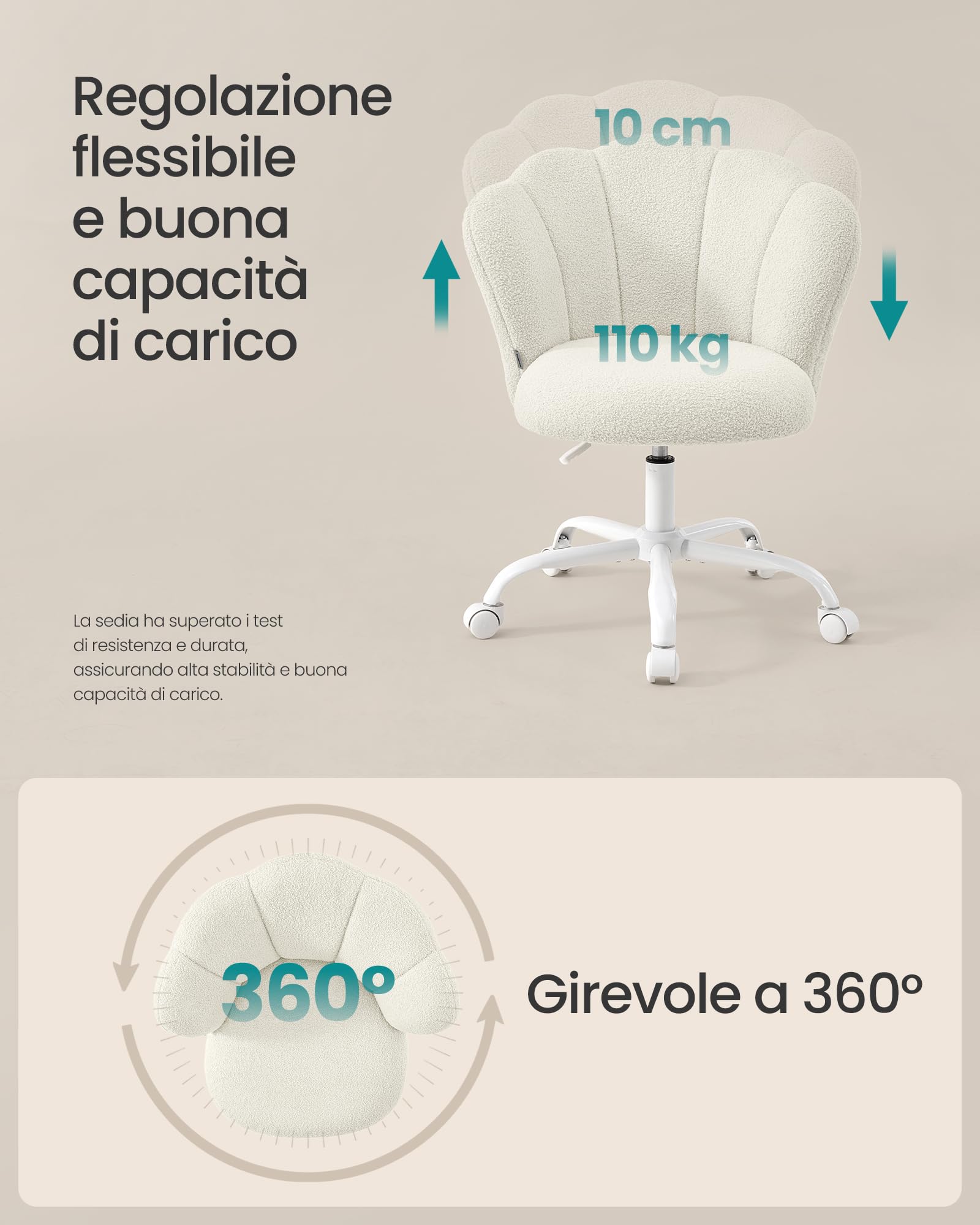 SONGMICS Sedia da Ufficio Girevole a 360°, Sedia da Trucco Imbottita, Tessuto Peluche, Regge 110 kg, Schienale a Petali, Altezza Regolabile, Soggiorno Camera da Letto, Bianco Crema OBG030WD01