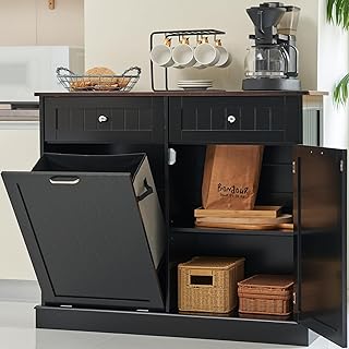 Spurgehom Double Tilt Out Trash Cabinet Kitchen Waste Bins, Tilt Out Laundry Hamper Cabinet with Hideaway Drawer Storage Bag, 10 Gallon Pet Proof Trash Can for Living Room,Black