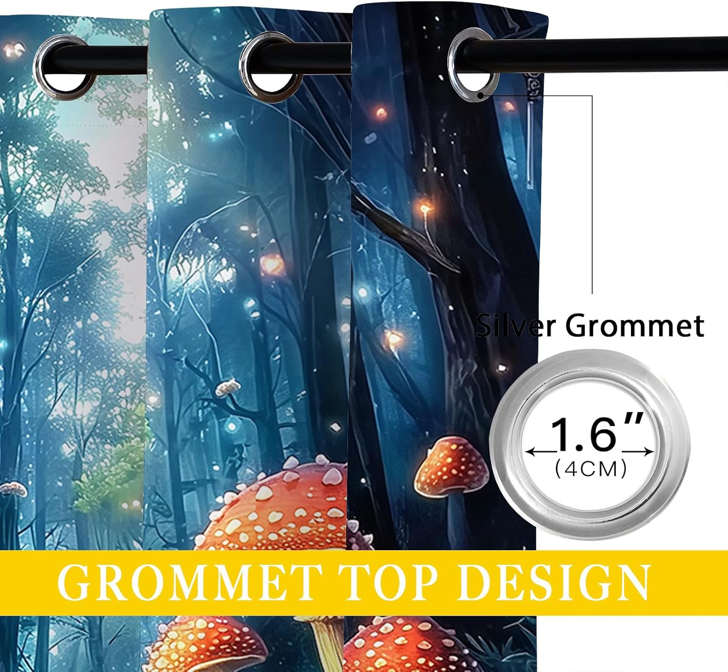 Magic Forest Blackout Curtains for Girls Boy Home Decor, Mushrooms Vintage Fantasy Woodland Grommet Thermal Insulated Drapes Darkening Window Curtain for Bedroom Living Room, 42 x 45 Inch