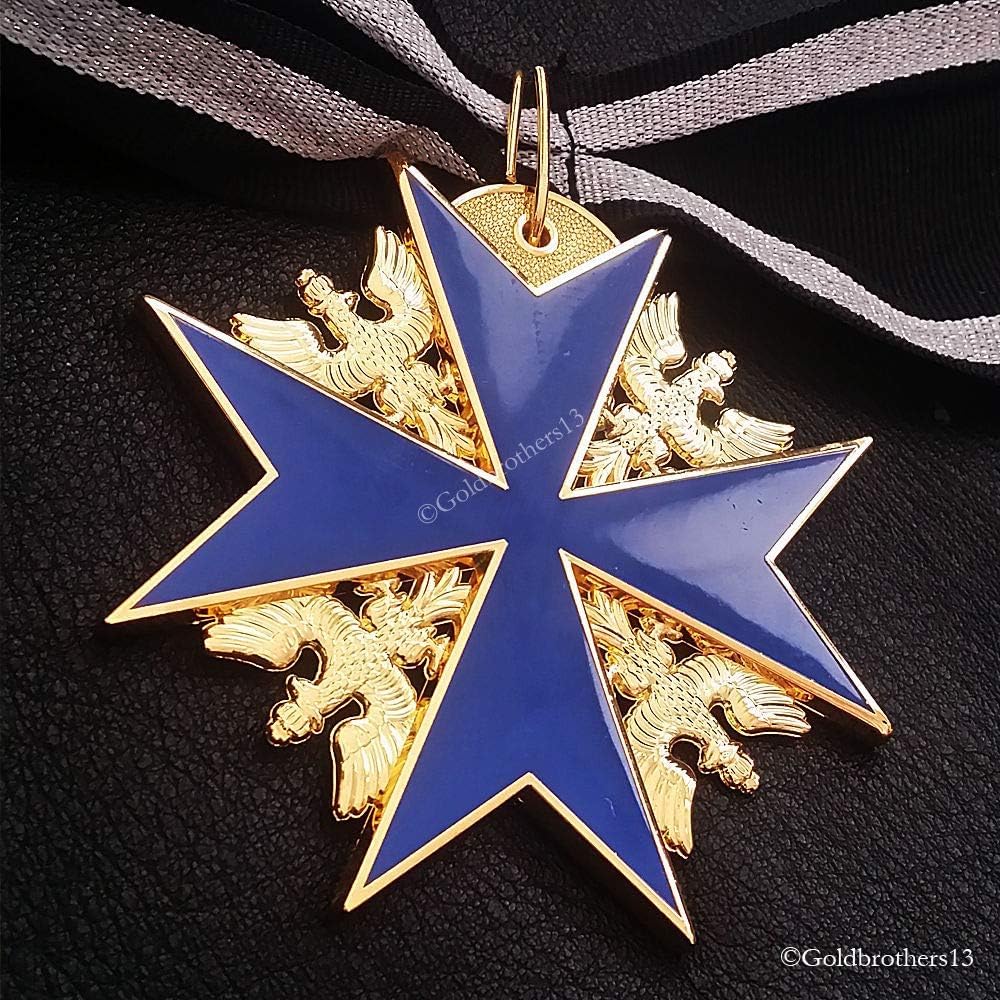Grand Pour Le Merite 24 Karat vergoldete Kreuzmedaille, blau, maximale Ehre, Eichenblatt + Band-Repro