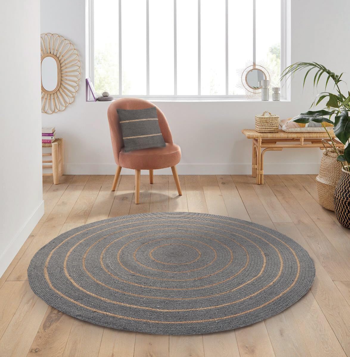 Atout Ciel Round Cotton Braided Rug - Striped Jute Effect, Grey, 80 cm
