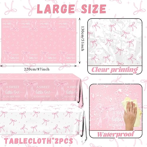 Miniatura 6 de 2 manteles con texto en inglés "A Sweet Little Girl is on Her Way", decoración de baby shower, lazo coqueta, cubierta de plástico para mesa de